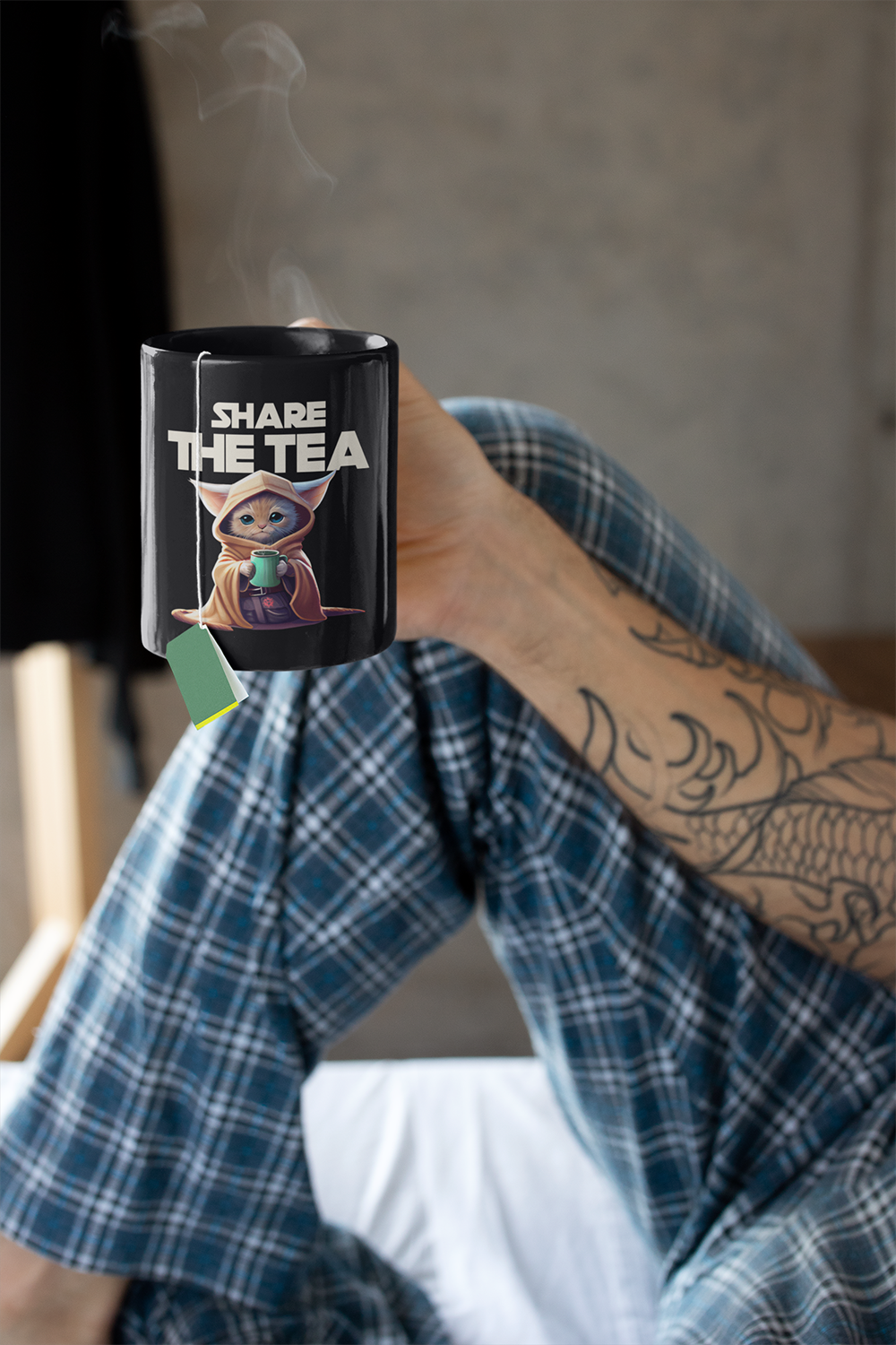 guy holding baby yoda cat coffee tea mug