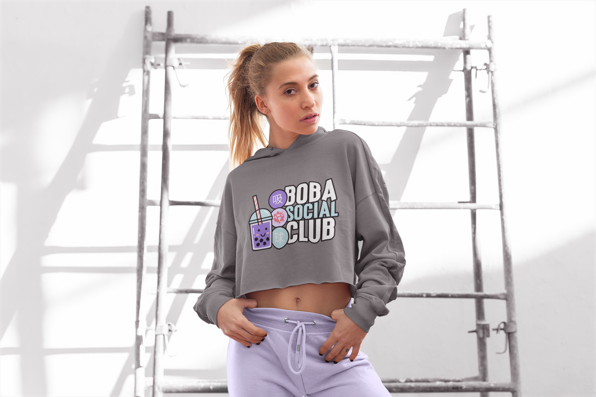 Boba Social Club crop hoodie on cute girl